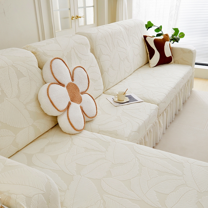 91家纺网 家纺一手货源 找家纺 丝绮鹿 2025新款富贵叶系列-沙发套裙边款（贵妃图） 米白