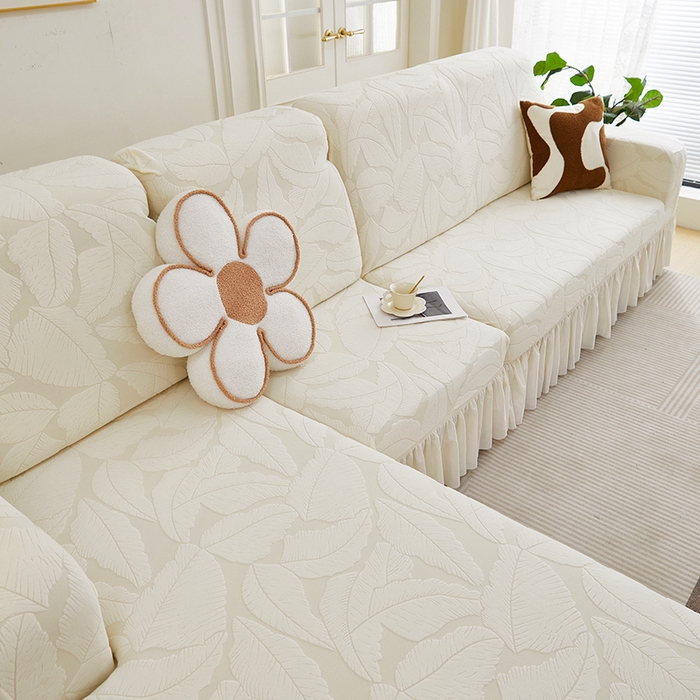 91家纺网 家纺一手货源 找家纺 丝绮鹿 2025新款富贵叶系列-沙发套裙边款（贵妃图） 米白