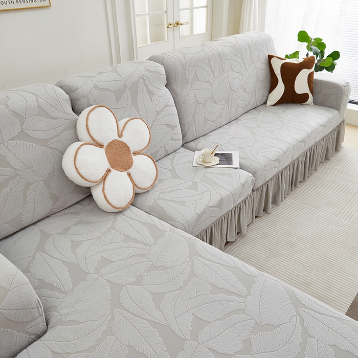 91家纺网 家纺一手货源 找家纺 丝绮鹿 2025新款富贵叶系列-沙发套裙边款（贵妃图） 浅灰