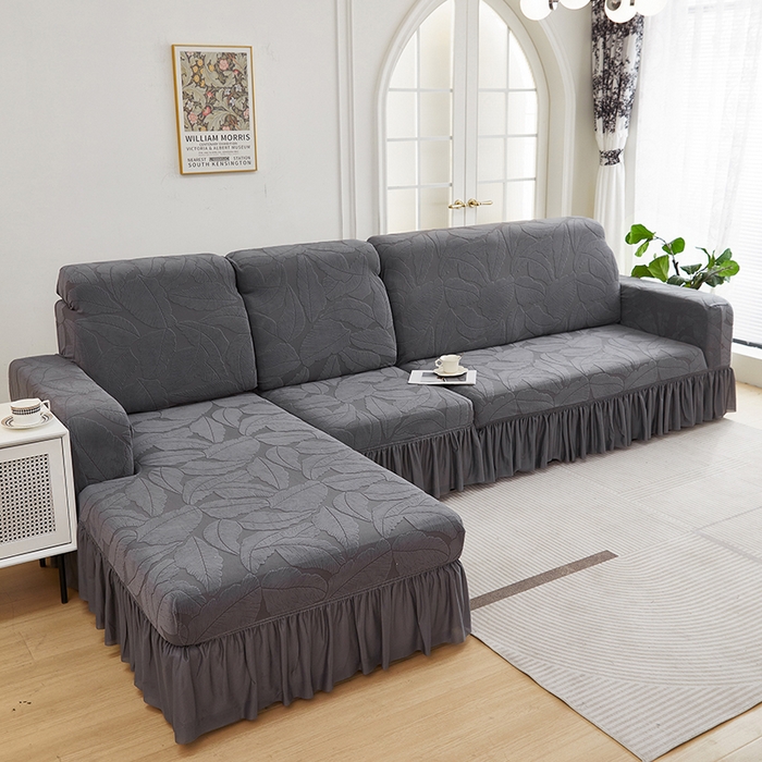 91家纺网 家纺一手货源 找家纺 丝绮鹿 2025新款富贵叶系列-沙发套裙边款（贵妃图） 深灰