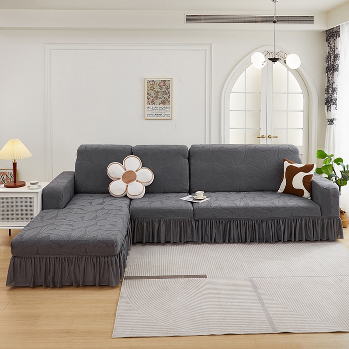 91家纺网 家纺一手货源 找家纺 丝绮鹿 2025新款富贵叶系列-沙发套裙边款（贵妃图） 深灰