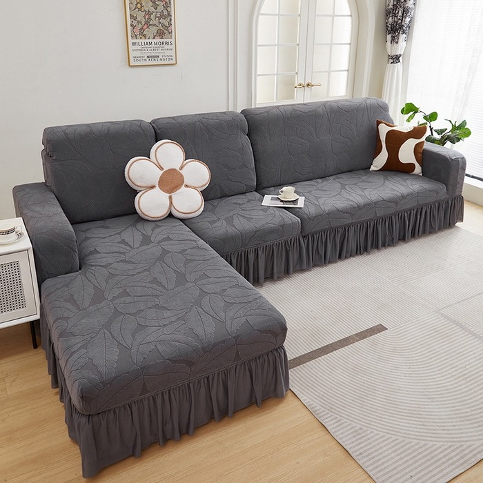 91家纺网 家纺一手货源 找家纺 丝绮鹿 2025新款富贵叶系列-沙发套裙边款（贵妃图） 深灰