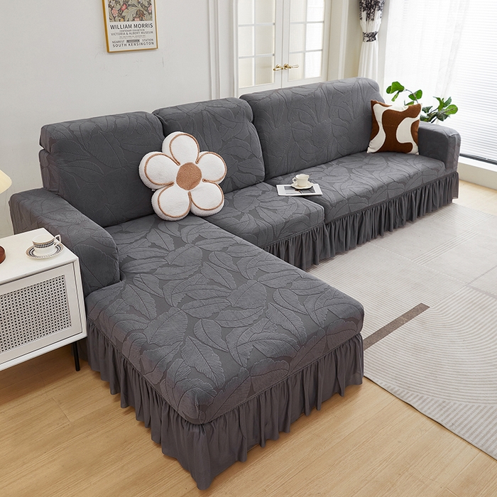 91家纺网 家纺一手货源 找家纺 丝绮鹿 2025新款富贵叶系列-沙发套裙边款（贵妃图） 深灰