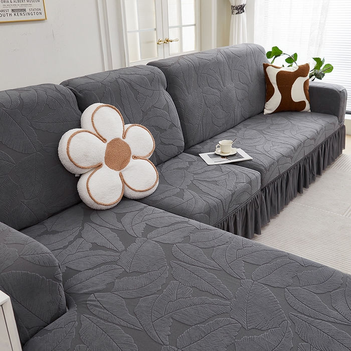 91家纺网 家纺一手货源 找家纺 丝绮鹿 2025新款富贵叶系列-沙发套裙边款（贵妃图） 深灰