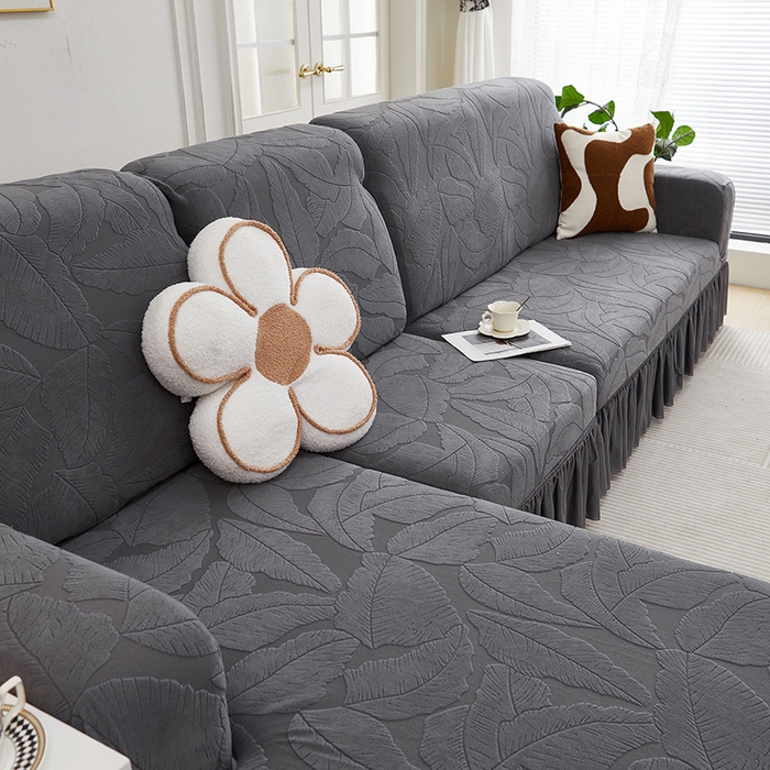 91家纺网 家纺一手货源 找家纺 丝绮鹿 2025新款富贵叶系列-沙发套裙边款（贵妃图） 深灰