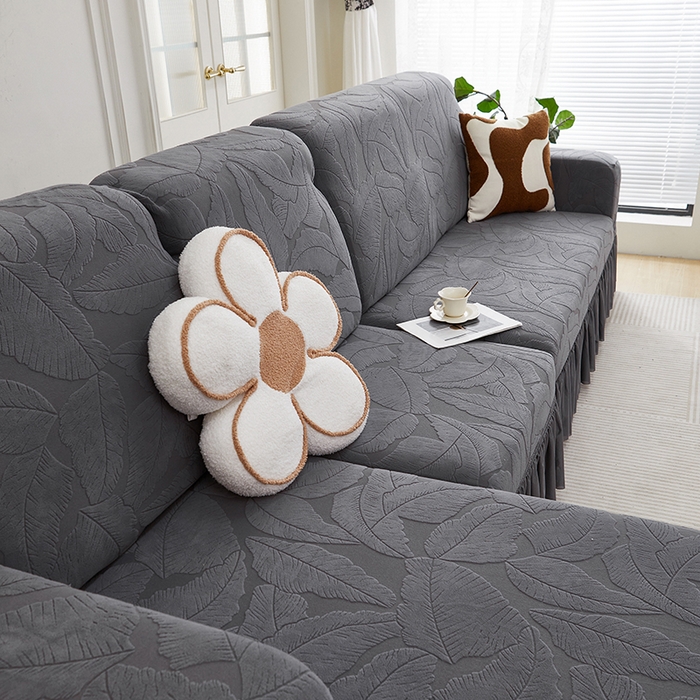 91家纺网 家纺一手货源 找家纺 丝绮鹿 2025新款富贵叶系列-沙发套裙边款（贵妃图） 深灰