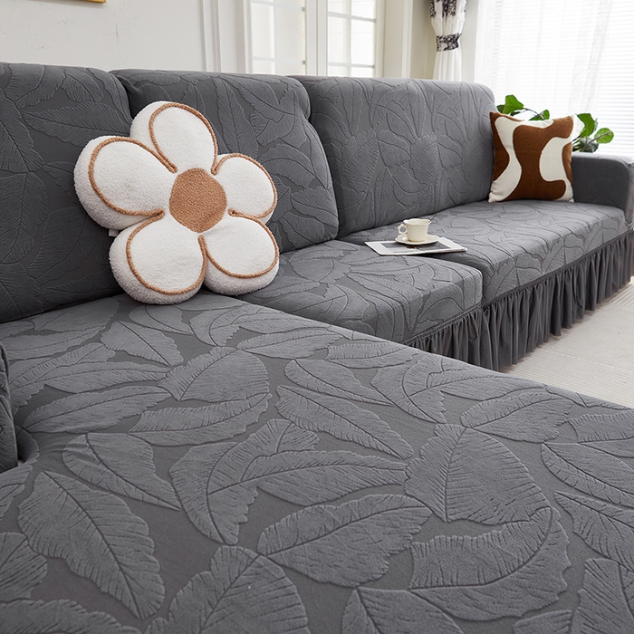 91家纺网 家纺一手货源 找家纺 丝绮鹿 2025新款富贵叶系列-沙发套裙边款（贵妃图） 深灰