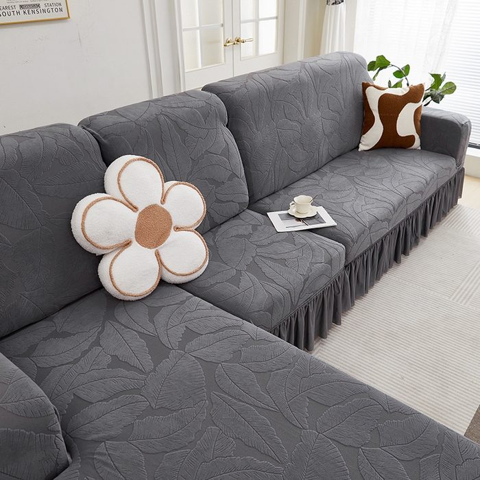 91家纺网 家纺一手货源 找家纺 丝绮鹿 2025新款富贵叶系列-沙发套裙边款（贵妃图） 深灰
