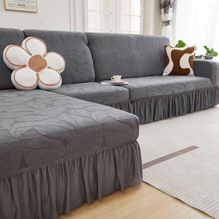 91家纺网 家纺一手货源 找家纺 丝绮鹿 2025新款富贵叶系列-沙发套裙边款（贵妃图） 深灰