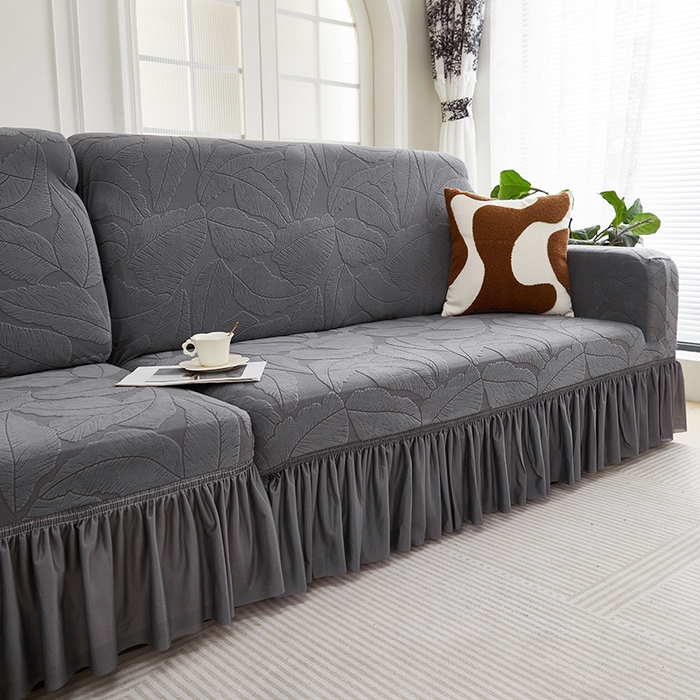 91家纺网 家纺一手货源 找家纺 丝绮鹿 2025新款富贵叶系列-沙发套裙边款（贵妃图） 深灰