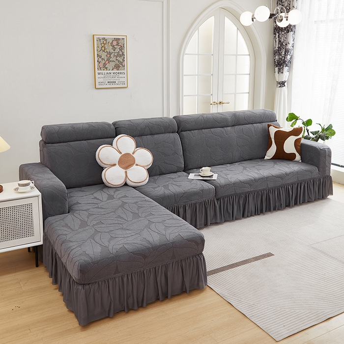 91家纺网 家纺一手货源 找家纺 丝绮鹿 2025新款富贵叶系列-沙发套裙边款（贵妃图） 深灰