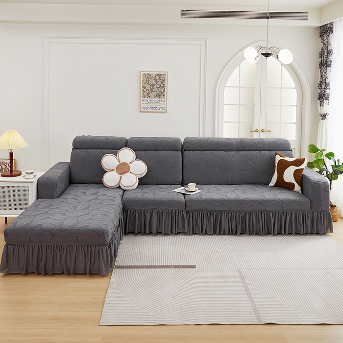 91家纺网 家纺一手货源 找家纺 丝绮鹿 2025新款富贵叶系列-沙发套裙边款（贵妃图） 深灰