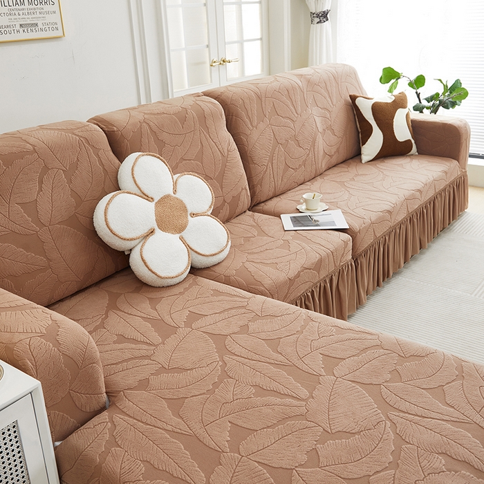 91家纺网 家纺一手货源 找家纺 丝绮鹿 2025新款富贵叶系列-沙发套裙边款（贵妃图） 时尚咖