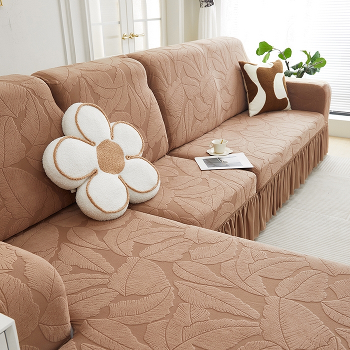 91家纺网 家纺一手货源 找家纺 丝绮鹿 2025新款富贵叶系列-沙发套裙边款（贵妃图） 时尚咖