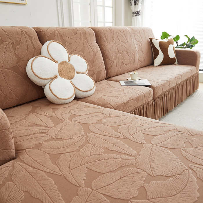 91家纺网 家纺一手货源 找家纺 丝绮鹿 2025新款富贵叶系列-沙发套裙边款（贵妃图） 时尚咖