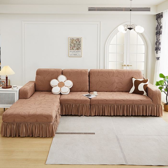 91家纺网 家纺一手货源 找家纺 丝绮鹿 2025新款富贵叶系列-沙发套裙边款（贵妃图） 时尚咖