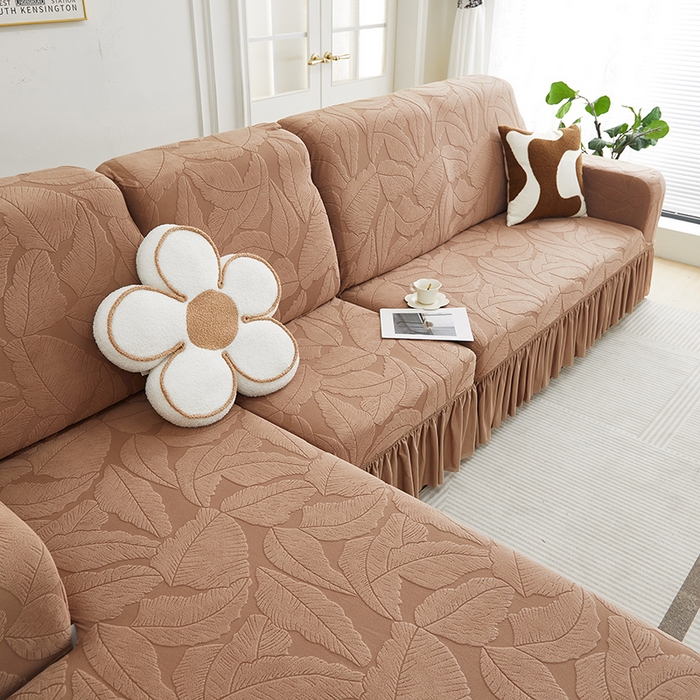 91家纺网 家纺一手货源 找家纺 丝绮鹿 2025新款富贵叶系列-沙发套裙边款（贵妃图） 时尚咖