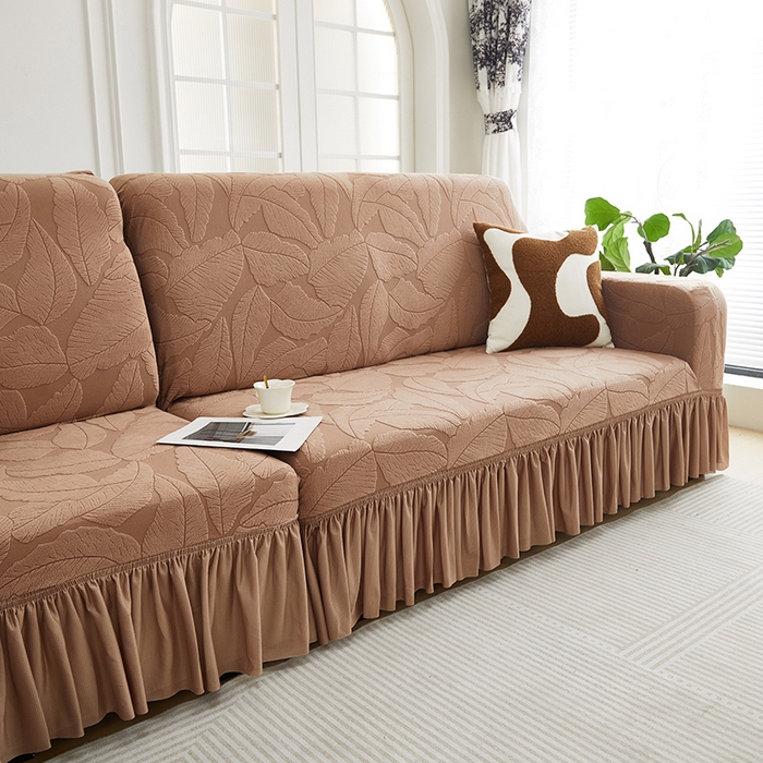 91家纺网 家纺一手货源 找家纺 丝绮鹿 2025新款富贵叶系列-沙发套裙边款（贵妃图） 时尚咖