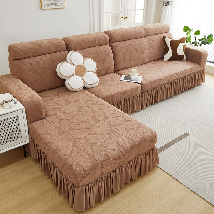 91家纺网 家纺一手货源 找家纺 丝绮鹿 2025新款富贵叶系列-沙发套裙边款（贵妃图） 时尚咖