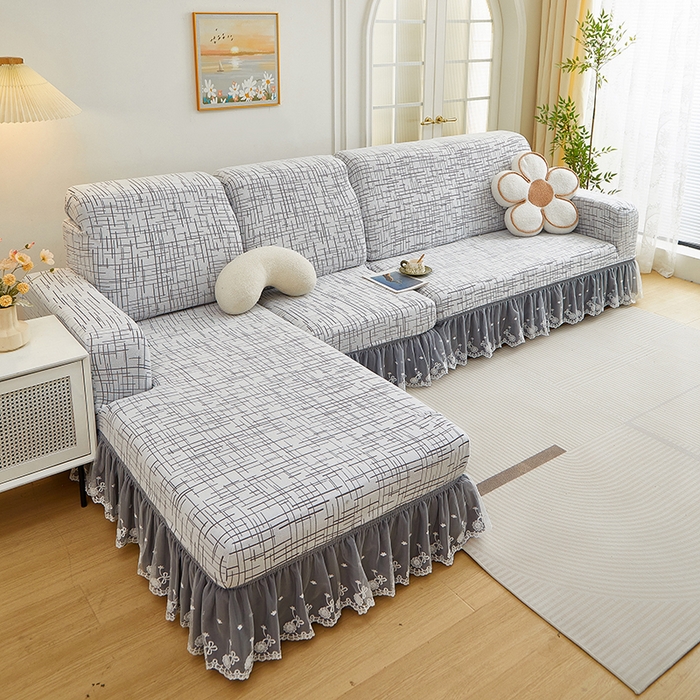 91家纺网 家纺一手货源 找家纺 丝绮鹿 2025新款极简系列-双层蕾丝裙边款沙发套 极简灰