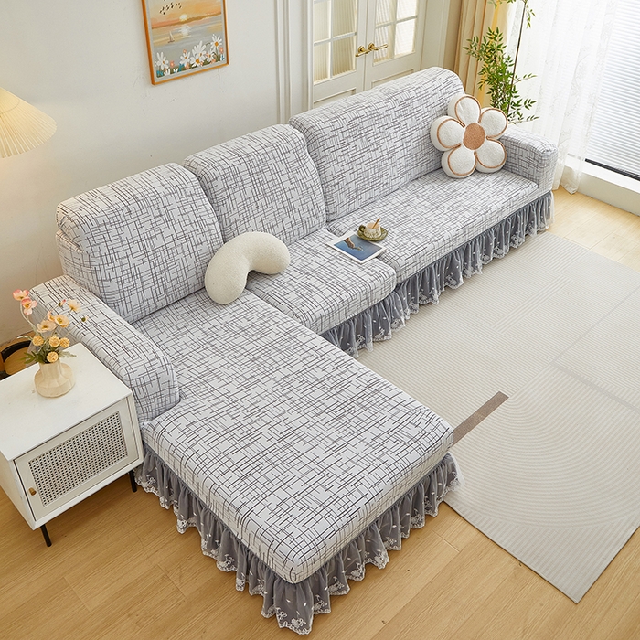 91家纺网 家纺一手货源 找家纺 丝绮鹿 2025新款极简系列-双层蕾丝裙边款沙发套 极简灰