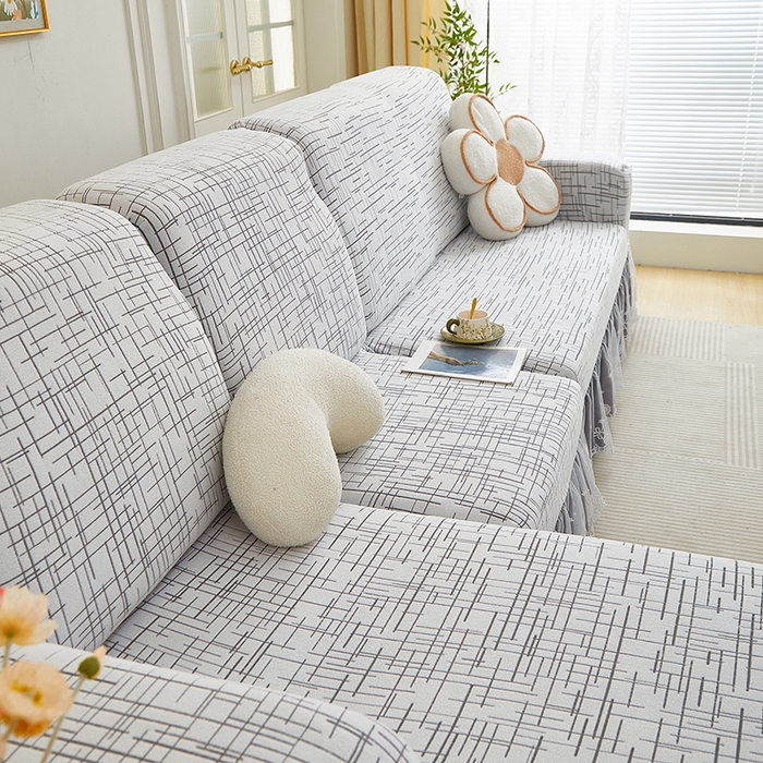 91家纺网 家纺一手货源 找家纺 丝绮鹿 2025新款极简系列-双层蕾丝裙边款沙发套 极简灰