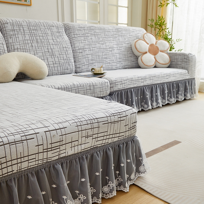 91家纺网 家纺一手货源 找家纺 丝绮鹿 2025新款极简系列-双层蕾丝裙边款沙发套 极简灰