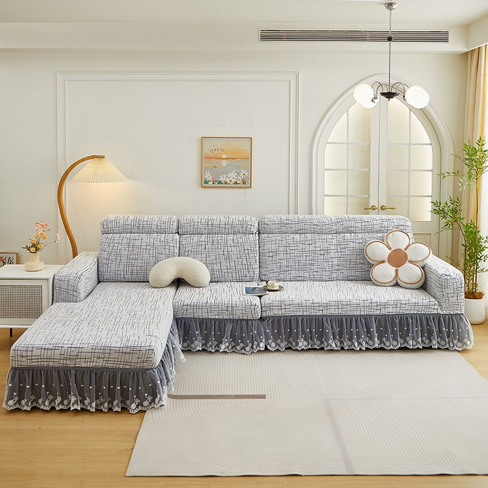 91家纺网 家纺一手货源 找家纺 丝绮鹿 2025新款极简系列-双层蕾丝裙边款沙发套 极简灰