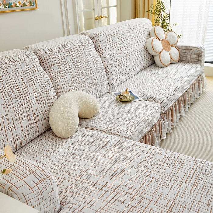 91家纺网 家纺一手货源 找家纺 丝绮鹿 2025新款极简系列-双层蕾丝裙边款沙发套 极简咖