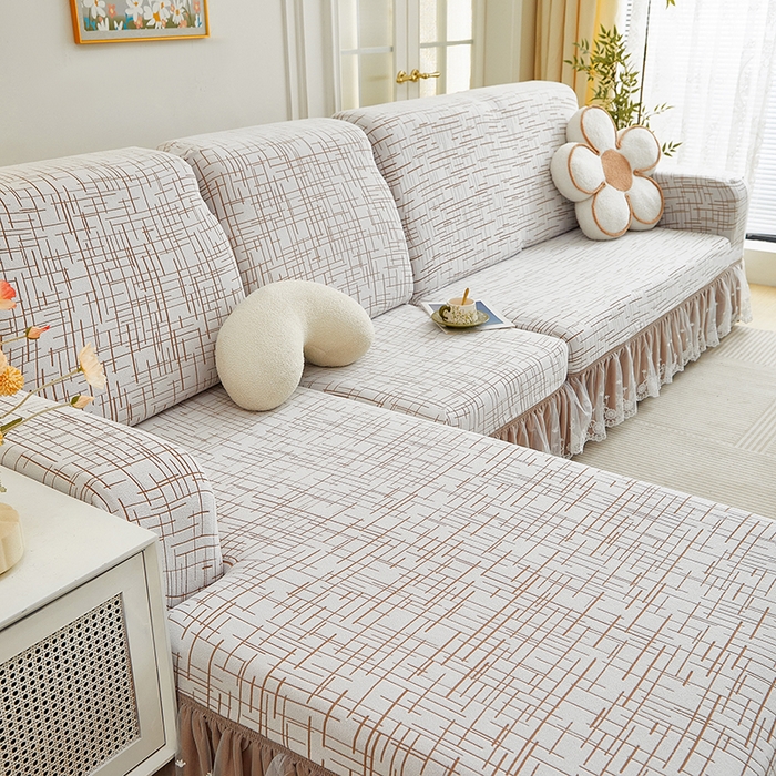 91家纺网 家纺一手货源 找家纺 丝绮鹿 2025新款极简系列-双层蕾丝裙边款沙发套 极简咖