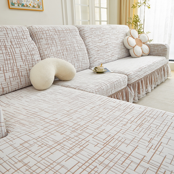 91家纺网 家纺一手货源 找家纺 丝绮鹿 2025新款极简系列-双层蕾丝裙边款沙发套 极简咖