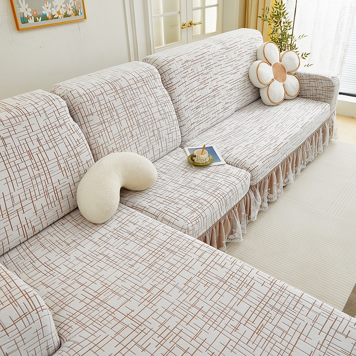 91家纺网 家纺一手货源 找家纺 丝绮鹿 2025新款极简系列-双层蕾丝裙边款沙发套 极简咖