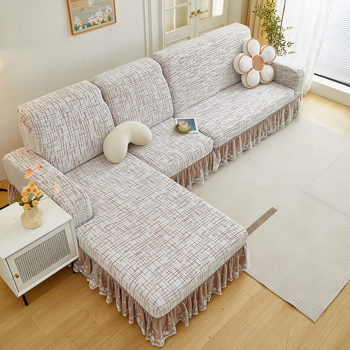 91家纺网 家纺一手货源 找家纺 丝绮鹿 2025新款极简系列-双层蕾丝裙边款沙发套 极简咖