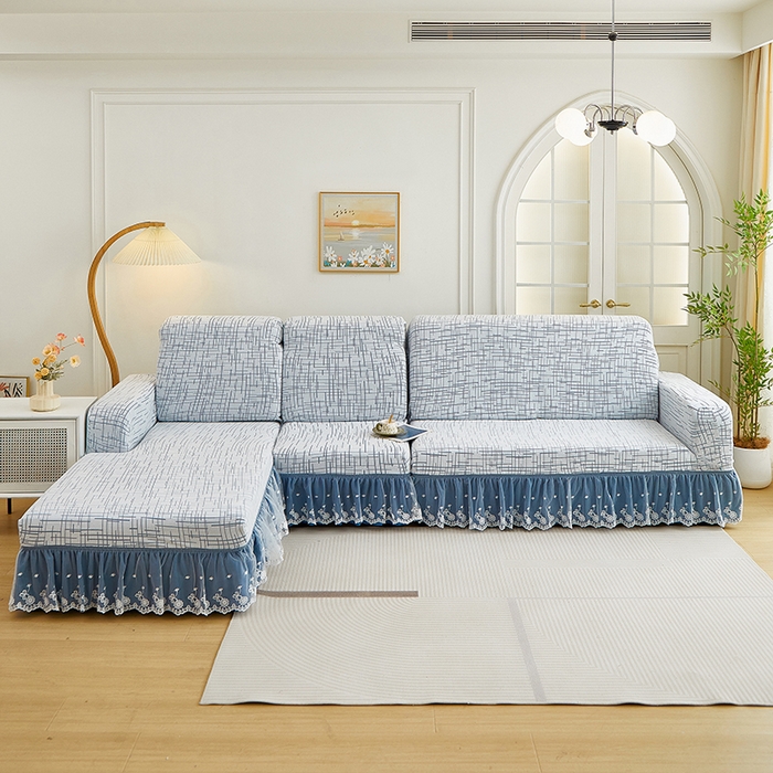 丝绮鹿 2025新款极简系列-双层蕾丝裙边款沙发套 极简蓝