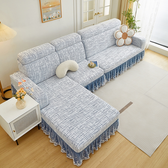 91家纺网 家纺一手货源 找家纺 丝绮鹿 2025新款极简系列-双层蕾丝裙边款沙发套 极简蓝