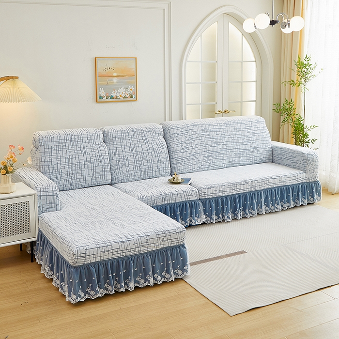 91家纺网 家纺一手货源 找家纺 丝绮鹿 2025新款极简系列-双层蕾丝裙边款沙发套 极简蓝