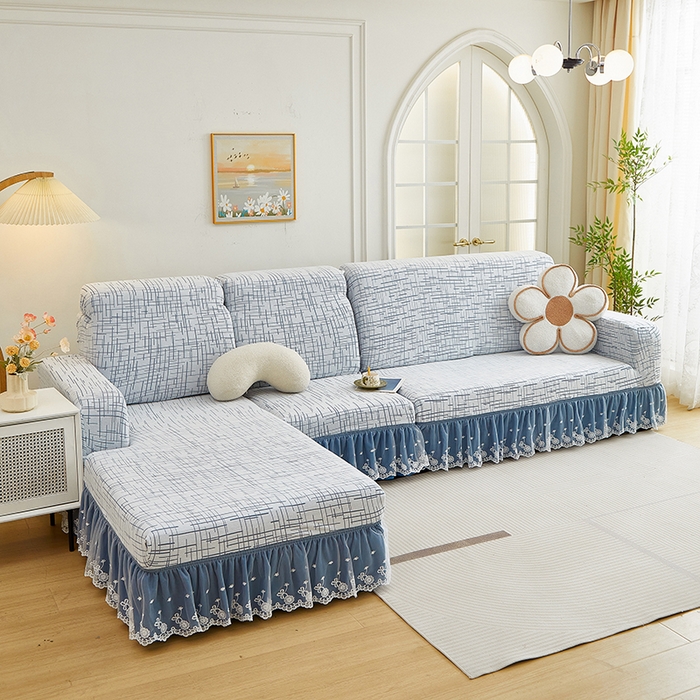 91家纺网 家纺一手货源 找家纺 丝绮鹿 2025新款极简系列-双层蕾丝裙边款沙发套 极简蓝