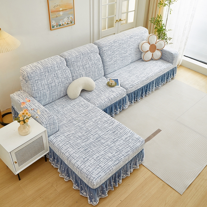 91家纺网 家纺一手货源 找家纺 丝绮鹿 2025新款极简系列-双层蕾丝裙边款沙发套 极简蓝