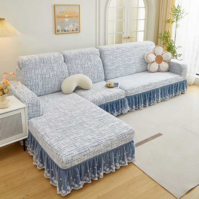 91家纺网 家纺一手货源 找家纺 丝绮鹿 2025新款极简系列-双层蕾丝裙边款沙发套 极简蓝