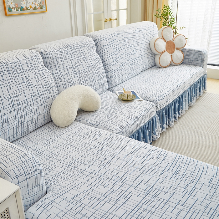 91家纺网 家纺一手货源 找家纺 丝绮鹿 2025新款极简系列-双层蕾丝裙边款沙发套 极简蓝