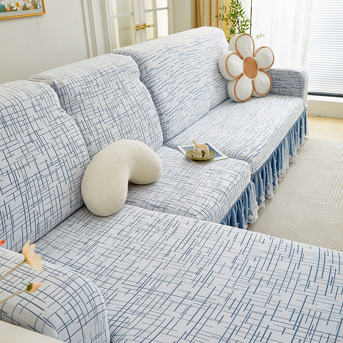 91家纺网 家纺一手货源 找家纺 丝绮鹿 2025新款极简系列-双层蕾丝裙边款沙发套 极简蓝