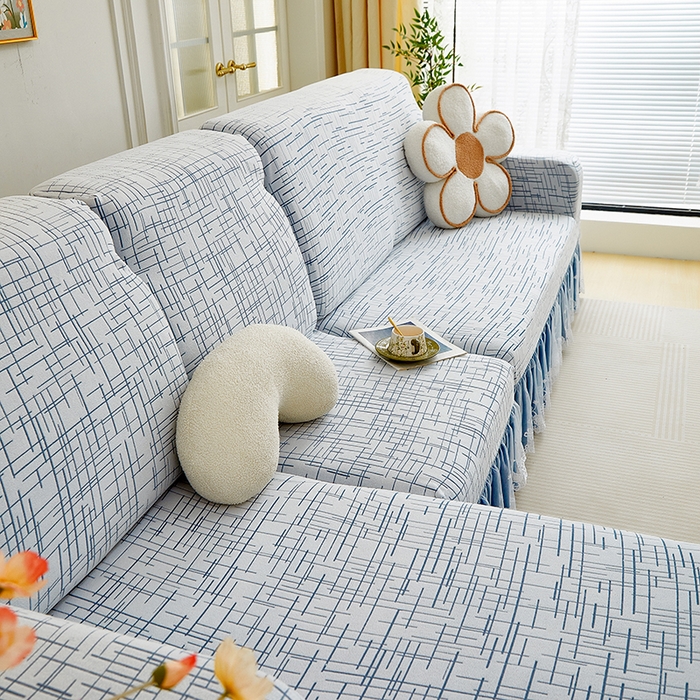 91家纺网 家纺一手货源 找家纺 丝绮鹿 2025新款极简系列-双层蕾丝裙边款沙发套 极简蓝