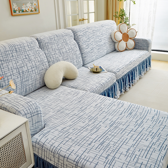 91家纺网 家纺一手货源 找家纺 丝绮鹿 2025新款极简系列-双层蕾丝裙边款沙发套 极简蓝