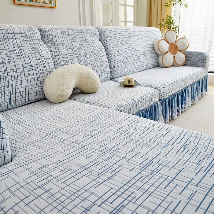 91家纺网 家纺一手货源 找家纺 丝绮鹿 2025新款极简系列-双层蕾丝裙边款沙发套 极简蓝