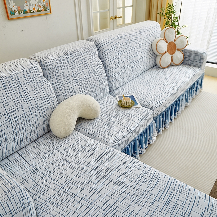 91家纺网 家纺一手货源 找家纺 丝绮鹿 2025新款极简系列-双层蕾丝裙边款沙发套 极简蓝