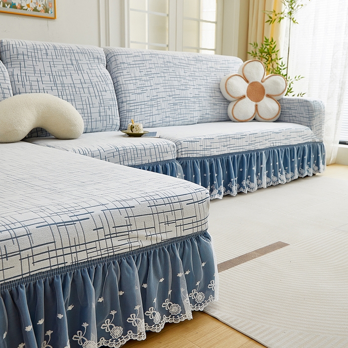 91家纺网 家纺一手货源 找家纺 丝绮鹿 2025新款极简系列-双层蕾丝裙边款沙发套 极简蓝