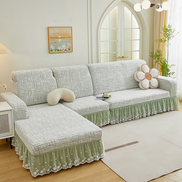 91家纺网 家纺一手货源 找家纺 丝绮鹿 2025新款极简系列-双层蕾丝裙边款沙发套 极简绿
