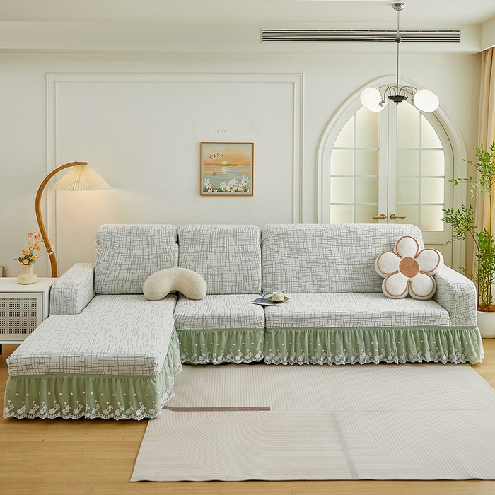 91家纺网 家纺一手货源 找家纺 丝绮鹿 2025新款极简系列-双层蕾丝裙边款沙发套 极简绿
