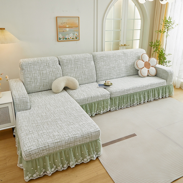 91家纺网 家纺一手货源 找家纺 丝绮鹿 2025新款极简系列-双层蕾丝裙边款沙发套 极简绿
