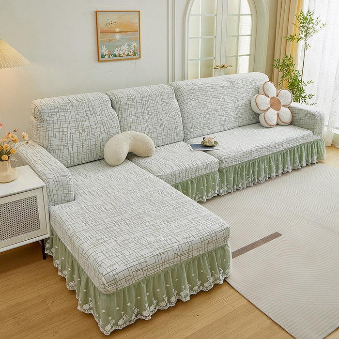 91家纺网 家纺一手货源 找家纺 丝绮鹿 2025新款极简系列-双层蕾丝裙边款沙发套 极简绿